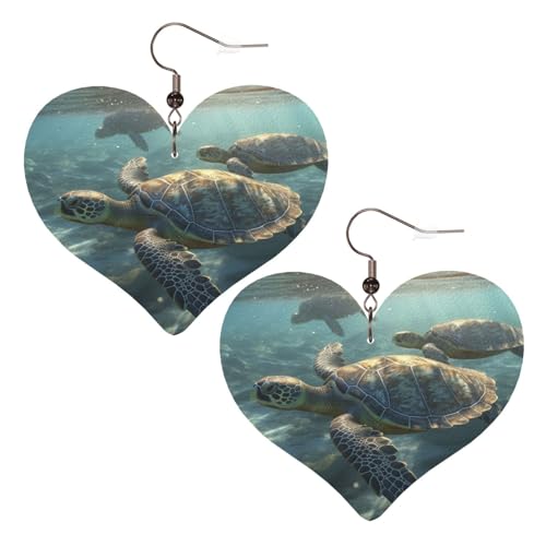 Sunny Sea Turtle Leder-Ohrringe für Damen, Herz-Ohrringe, leicht, baumelnd, Schmuck, Geschenke von FZQVSLCM