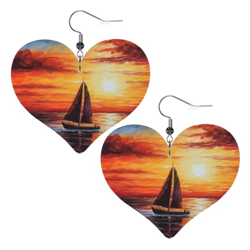 Sunset Segelboot-Leder-Ohrringe für Damen, Herz-Ohrringe, leicht, baumelnde Ohrringe, Schmuckgeschenke Sunset Segelboot-Leder-Ohrringe für Damen, Herz-Ohrringe, leicht, baumelnde Ohrringe, Schmuckgeschenke von FZQVSLCM