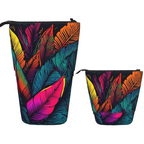 Teleskop-Federmäppchen, buntes tropisches Blättermuster, stehender Stifthalter, Pop-Up-Bleistifttasche, niedlich, aufstellbar, Kosmetiktasche, Reise-Make-up-Tasche, tragbare Kulturbeutel für Damen und von FZQVSLCM
