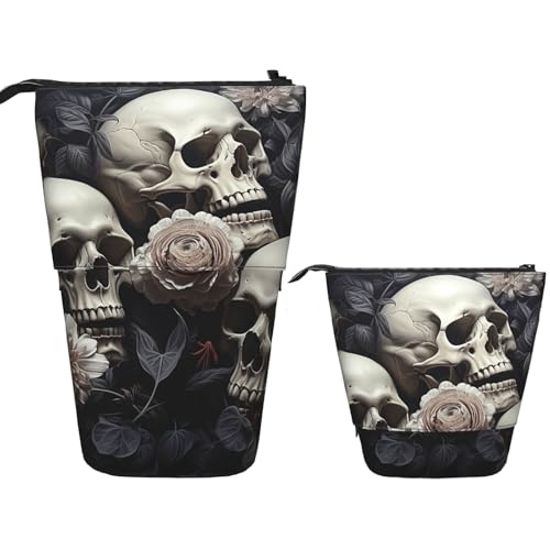 Teleskop-Federmäppchen, schwarz und weiß, Blumen und Totenkopf, Stehender Stifthalter, Pop-Up-Bleistifttasche, niedlich, aufstellbar, Kosmetiktasche, Reise-Make-up-Tasche, tragbare Kulturbeutel für Teleskop-Federmäppchen, schwarz und weiß, Blumen und Totenkopf, Stehender Stifthalter, Pop-Up-Bleistifttasche, niedlich, aufstellbar, Kosmetiktasche, Reise-Make-up-Tasche, tragbare Kulturbeutel für von FZQVSLCM