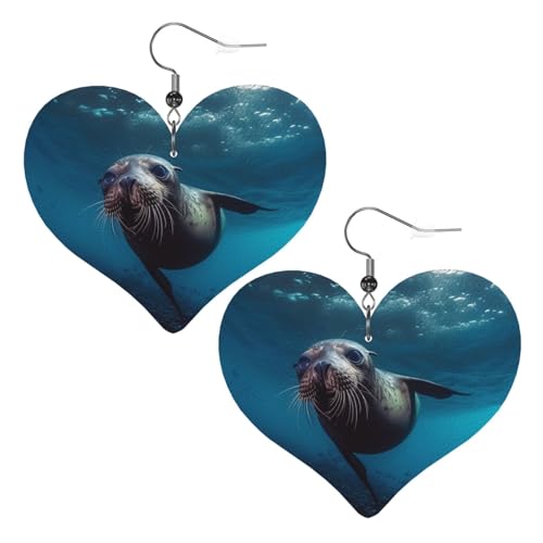 Unterwasser-Seelöwen-Leder-Ohrringe für Damen, Herz-Ohrringe, leicht, baumelnde Ohrringe, Schmuck, Geschenke Unterwasser-Seelöwen-Leder-Ohrringe für Damen, Herz-Ohrringe, leicht, baumelnde Ohrringe, Schmuck, Geschenke von FZQVSLCM