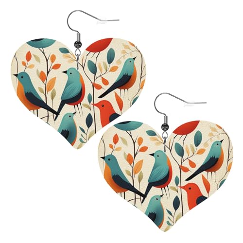 Vogelflocken-Leder-Ohrringe für Damen, Herz-Ohrringe, leicht, baumelnde Ohrringe, Schmuck, Geschenke von FZQVSLCM