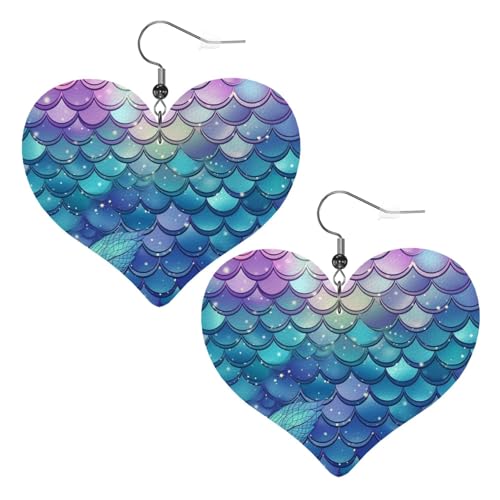 Wasserlilie, Meerjungfrauenschuppen, Leder-Ohrringe für Damen, Herz-Ohrringe, leicht, baumelnd, Schmuck, Geschenke von FZQVSLCM