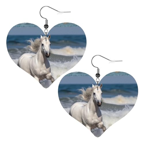 Weißes Pferd läuft auf dem Meer, Leder-Ohrringe für Frauen, Herz-Ohrringe, leicht, baumelnde Ohrringe, Schmuckgeschenke Weißes Pferd läuft auf dem Meer, Leder-Ohrringe für Frauen, Herz-Ohrringe, leicht, baumelnde Ohrringe, Schmuckgeschenke von FZQVSLCM