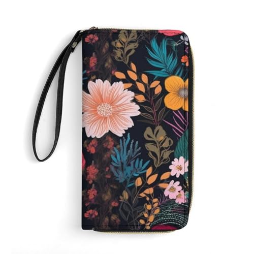 FZQVSWTX Damen-Geldbörse aus Leder, Regenbogen-Druck, großes Fassungsvermögen, Clutch, Kreditkartenetui, Buntes Boho-Blumenmuster, 19.7x10.5cm von FZQVSWTX
