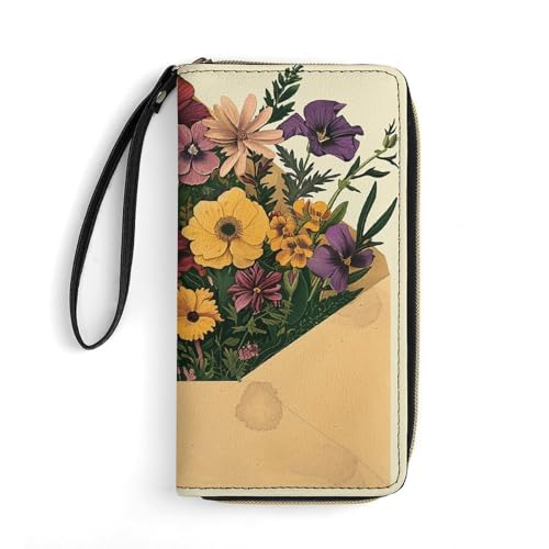FZQVSWTX Damen-Geldbörse aus Leder, Umschlag mit Blumenmuster, großes Fassungsvermögen, Clutch, Kreditkartenetui, Umschlag mit Blumen, 19.7x10.5cm von FZQVSWTX