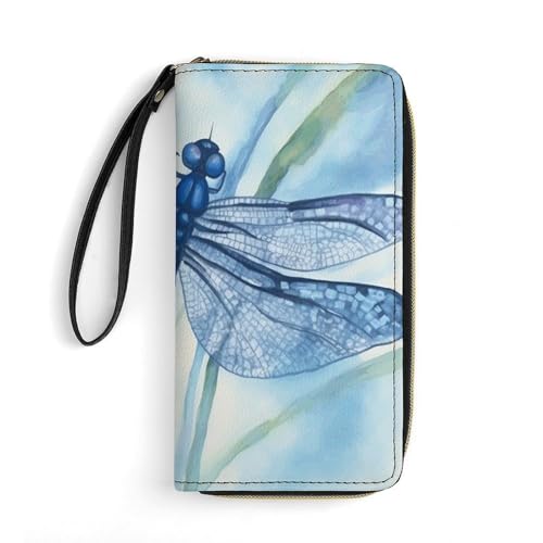 FZQVSWTX Damen-Geldbörse aus Leder, handbemalt, blaue Libellen-Druck, großes Fassungsvermögen, Clutch, Kreditkartenetui, Handbemalte blaue Libelle, 19.7x10.5cm von FZQVSWTX