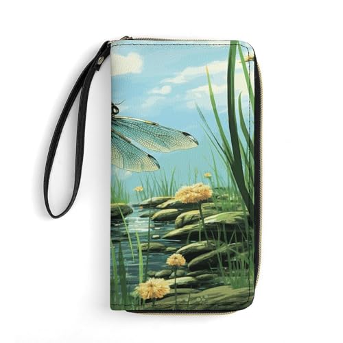 FZQVSWTX Damen-Geldbörse aus Leder, mit Clownfisch-Motiv, großes Fassungsvermögen, Clutch, Kreditkartenetui, Libellen im Flug, 19.7x10.5cm von FZQVSWTX