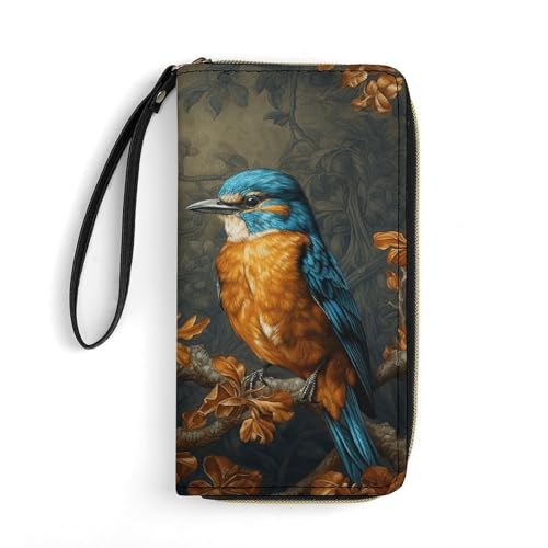 FZQVSWTX Damen-Geldbörse aus Leder, mit Handgelenk, sitzend auf einem Ast, bedruckt, großes Fassungsvermögen, Clutch, Kreditkartenetui, Auf einem Ast sitzend, 19.7x10.5cm von FZQVSWTX