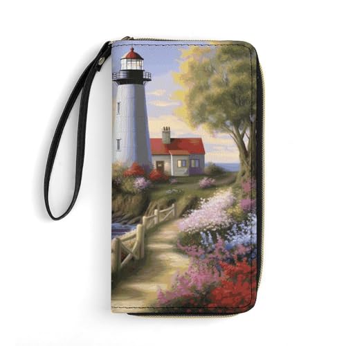 FZQVSWTX Damen-Geldbörse aus Leder, mit Totenkopf-Muster, bedruckt, großes Fassungsvermögen, Kreditkartenetui, Leuchtturm-Diamant-Malerei., 19.7x10.5cm von FZQVSWTX