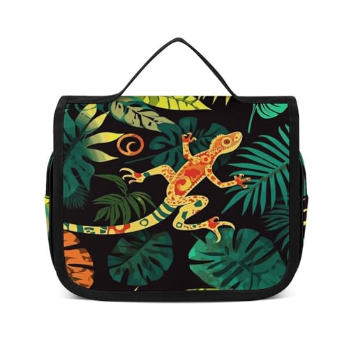 FZQVSWTX Kulturbeutel zum Aufhängen, für Damen und Herren, Dinosaurier-Motiv, bedrucktes Polyester, tragbarer Kulturbeutel, Gecko und tropische Blätter, 22.5x18.5cm von FZQVSWTX