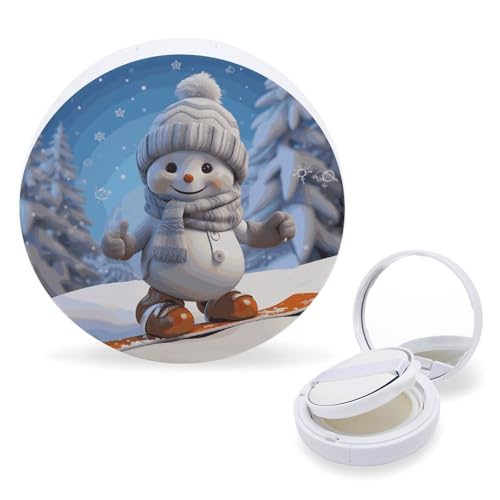 Leere tragbare Luftkissenhülle, niedlicher Snowboard Schneemann bedruckt, Reise-Foundation-Behälter, nachfüllbare Foundation-BB-Cremebox mit Puderquaste und Spiegel, Niedlicher Snowboard Schneemann, von FZQVSWTX