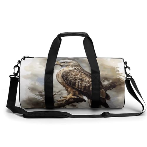 Sporttasche für Damen und Herren, zylindrisch, mit goldenem Gate-Steg, bedruckt, wasserdicht, Schulterriemen, Aquarell von Hawk Sitting, 17.7in/9in/9in, Bedruckt von FZQVSWTX