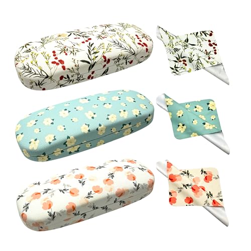 FZSECRIU 3 Stück Brillenschutzhülle, Hartschalenbrillenetui für Damen und Kinder, Retro-Blumenmuster, PU-Leder, Magnetisch oder Druckknopf, Polyester-Innenmaterial von FZSECRIU