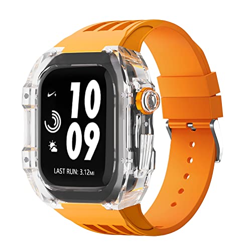 FZXCG Luxus-Modifikationsset, für Apple Watch 44/45 mm, Fluorkautschuk-Band, iWatch Serie 8, 7, 6, 5, 4, SE, 45 mm, 44 mm, transparentes Uhrengehäuse und Uhrenarmband, For 44mm von FZXCG