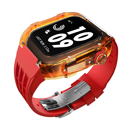 FZXCG Luxus-Modifikationsset, für Apple Watch 44/45 mm, Fluorkautschuk-Band, iWatch Serie 8, 7, 6, 5, 4, SE, 45 mm, 44 mm, transparentes Uhrengehäuse und Uhrenarmband, For 44mm von FZXCG