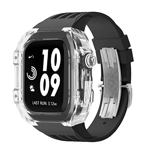 FZXCG Luxus-Modifikationsset, für Apple Watch 44/45 mm, Fluorkautschuk-Band, iWatch Serie 8, 7, 6, 5, 4, SE, 45 mm, 44 mm, transparentes Uhrengehäuse und Uhrenarmband, For 45mm von FZXCG
