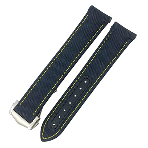 FZXCG Nylon Watchband 19mm 20mm 21mm Pass Für Omega Seamaster Diver 300 AT150 Planet Ozean Gebogenes Ende Blaues Leinwand Stoff Uhrengurt(Blue yellow,20mm) von FZXCG