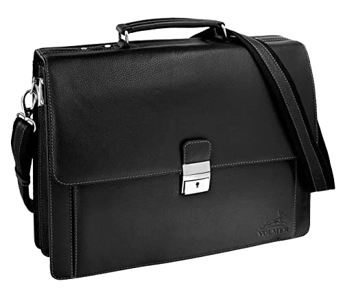 Fa.Volmer® Schwarze Herren Echt-Leder Laptoptasche bis 15,6 Zoll | Umhängetasche mit Schultergurt | Edle Aktentasche | Business-Tasche | #Bag16208 von Fa.Volmer