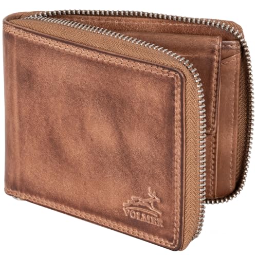 Fa.Volmer ® Herren-Ledergeldbörse - echtem Leder Geldbörse mit umlaufenden Reißverschluss - RFID-Schutz - Münzfach mit Einkaufswagenchip-Halter (Braun Glattleder) von Fa.Volmer