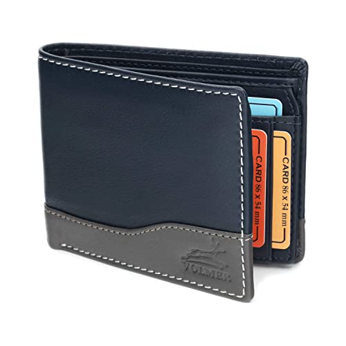 Fa.Volmer ® Ledergeldbörse Echtleder Querformat mit RFID-Schutz Slim Design Manhattan Serie #MW114 (blau Navy/grau) von Fa.Volmer