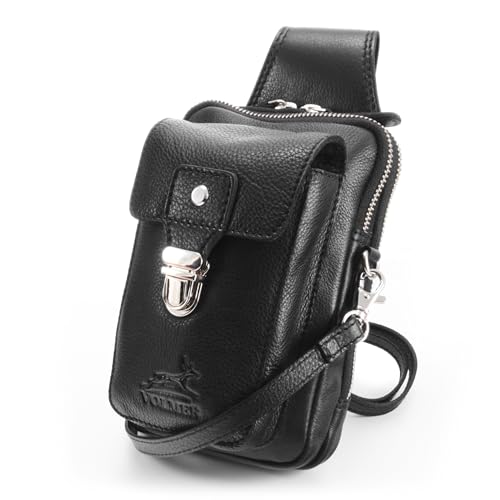 Fa.Volmer ® Ledertasche mit mehreren Verschlussfächern | Gürtelschlaufe | Verstellbarer Tragegurt | Leckerli-Tasche | Modell: UrbanWalker (Schwarz) von Fa.Volmer