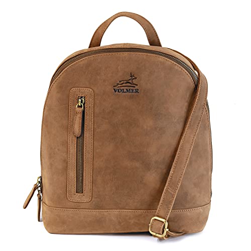 Fa.Volmer ® Rucksack Damen Elegant I Leder Daypack I kleiner Tagesruckack I 11,6" Tablet Fach I 100% echtes Büffelleder im Vintage-Look I braun I Modell Miami von Fa.Volmer