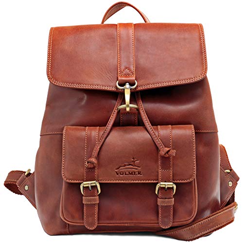 Fa.Volmer ® Rucksack Damen Elegant I Leder Daypack I kleiner Tagesruckack I ca. 39 x 30 x 15 cm (LxBxH) I rotbraun I Modell Dallas von Fa.Volmer