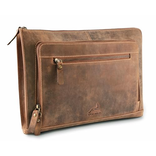 Fa.Volmer ® braune Laptop-Tasche aus echtem Büffel-Leder für MacBooks, Notebooks, Laptops und Tablets bis zu einer Größe von 14″ | Aktentasche A4 | Modell: Riverside von Fa.Volmer