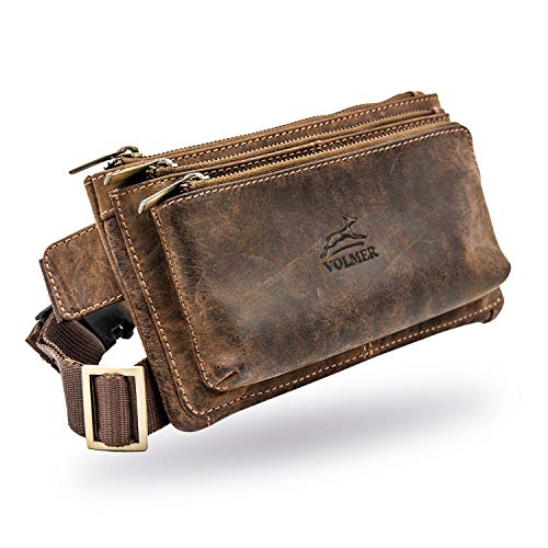 Fa.Volmer ® Bauchtasche/Gürteltasche/Hüfttasche aus Büffel Leder I Damen und Herren I Große Fächer und sicherer Reißverschluss I Braun I Retro Look I Modell: Portland von Fa.Volmer