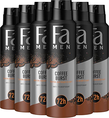 Fa Men Deospray Coffee Burst (6 x 150 ml), Anti-Transpirant mit intensivem Duft von aromatischem Kaffee, Deo ohne Aluminium für bis zu 48 h Deo-Schutz von Fa