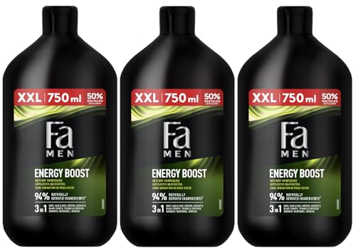 FA Duschgel MEN Sport Energy Boost (3x 750 ml), 3in1 Duschgel für Körper, Gesicht und Haar mit stimulierendem Duft nach Guarana & Ginseng von Fa