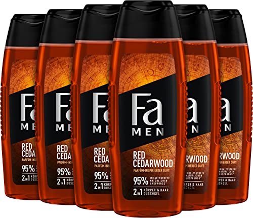 Fa Men Duschgel Red Cedarwood (6 x 250 ml), Duschpflege mit 2in1 Formel reinigt Körper & Haar, schützt die Haut gleichzeitig vor dem Austrocknen von Fa