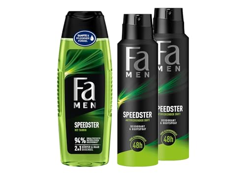 FA Duschgel Men Speedster mit Taurin (1x 250ml) 2in1 Formel für Körper & Haare & Deospray (2x 150 ml) mit erfrischendem Duft von Zitrus & Zitronengras 48h Deo-Schutz ohne Aluminiumsalze von Fa