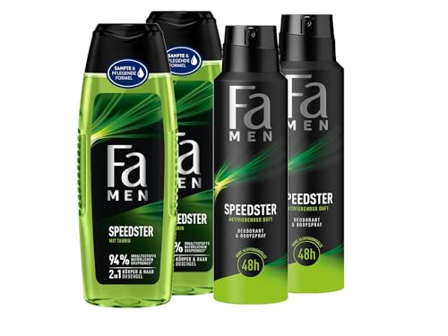 FA Duschgel Men Speedster mit Taurin (2x 250ml) 2in1 Formel für Körper & Haare & Deospray (2x 150 ml) mit erfrischendem Duft von Zitrus & Zitronengras 48h Deo-Schutz ohne Aluminiumsalze von Fa