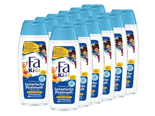 FA Duschgel & Shampoo for Kids (12x 250ml) fantastische Piratenwelt wilder Meeres-Duft, mit Provitamin B5 für Haut & Haar ohne künstliche Farbstoffe, 95% Inhaltstsoffe natürlichen Ursprungs von Fa