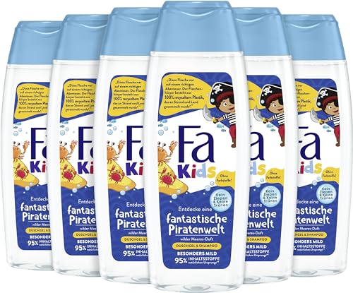 FA Duschgel & Shampoo for Kids (6x 250ml) fantastische Piratenwelt wilder Meeres-Duft, mit Provitamin B5 für Haut & Haar ohne künstliche Farbstoffe, 95% Inhaltstsoffe natürlichen Ursprungs von Fa