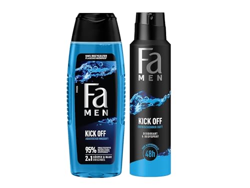 FA Men 2in1 Duschgel Kick Off (1 x 250 ml) 2in1 Formel für Haare & Körper & Deospray (1x 150 ml) mit intensiven, maskulinfrischen Duft von Eukalyptus und aquatischer Minze von Fa