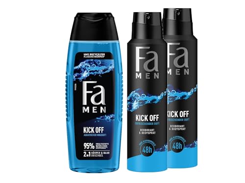 FA Men 2in1 Duschgel Kick Off (1 x 250 ml) 2in1 Formel für Haare & Körper & Deospray (2x 150 ml) mit intensiven, maskulinfrischen Duft von Eukalyptus und aquatischer Minze von Fa