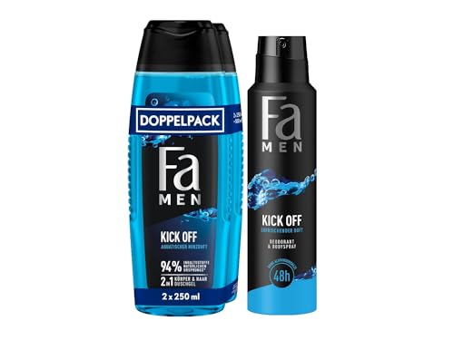 FA Men 2in1 Duschgel Kick Off 2er Pack (1x 2x250 ml) 2in1 Formel für Haare & Körper & Deospray (1x 150 ml) mit intensiven, maskulinfrischen Duft von Eukalyptus und aquatischer Minze von Fa