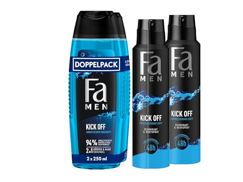 FA Men 2in1 Duschgel Kick Off 2er Pack (1x 2x250 ml) 2in1 Formel für Haare & Körper & Deospray (2x 150 ml) mit intensiven, maskulinfrischen Duft von Eukalyptus und aquatischer Minze von Fa