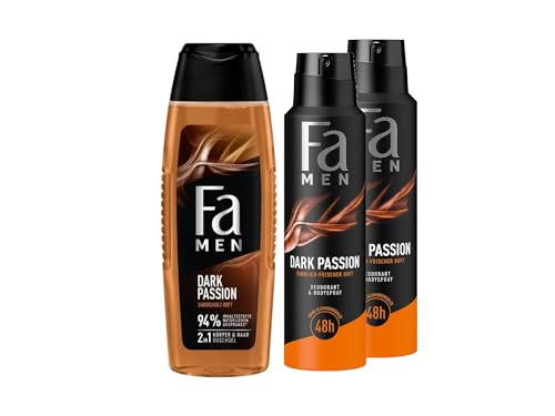 FA Men Duschgel Dark Passion (1x 250ml) 2in1 für Körper & Haar & Deospray (2x 150 ml), mit dem maskuliner Duft von verführerischem Sandelholz & orientalischen Gewürzen von Fa