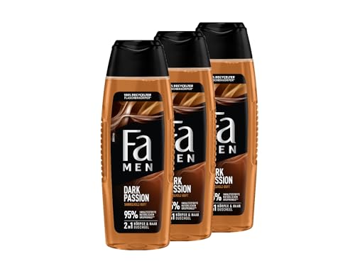 FA Men Duschgel Dark Passion (3x 250ml), 2in1 für Körper & Haar, mit dem maskuliner Duft von verführerischem Sandelholz & orientalischen Gewürzen, milde und vegane Formel von Fa