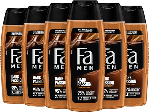 FA Men Duschgel Dark Passion (6x 250ml), 2in1 für Körper & Haar, mit dem maskuliner Duft von verführerischem Sandelholz & orientalischen Gewürzen, milde und vegane Formel von Fa