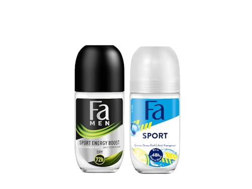 Fa Deo Roll-on Sport (50 ml) Anti-Transpirant zu 48h Schutz frischer Duft von grünem Zitrus & Men Deo Roll-on Sport Energy Boost (50 ml) 72 h Schutz, Ingwer & Zitrone von Fa