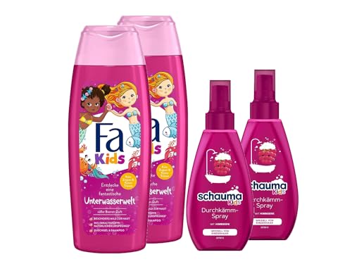 Fa Duschgel & Shampoo (2x 250 ml) Kids fantastische Unterwasserwelt süßer Beeren-Duft & Schauma Kids Durchkämm-Spray Himbeere (2x 150 ml) entwirrt Knoten ganz ohne Ziepen von Fa