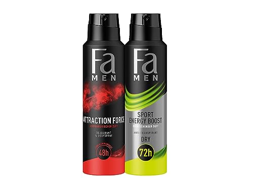 Fa For Men Deodorant & Bodyspray Attraction Force, 1x 150ml & Fa Men Anti-Transpirant Deospray Sport Energy Boost mit erfrischendem Duft, 1x 150 ml von Fa