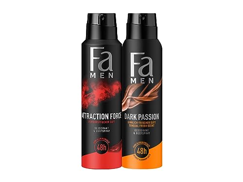 Fa For Men Deodorant & Bodyspray Attraction Force, 1x 150ml & Fa Men Deodorant & Bodyspray Dark Passion mit sinnlich-frischem Duft, 1x 150 ml von Fa