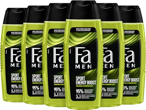 Fa MEN Sport Energy Bosst Double Power Boost Body & Hair (6x 250ml) 3in1 Formel für Körper, Haar & Gesicht, Aktiviere deinen Körtper, Geist & Sinne mit dem erfrischenden Duft von Guarana & Ginseng von Fa