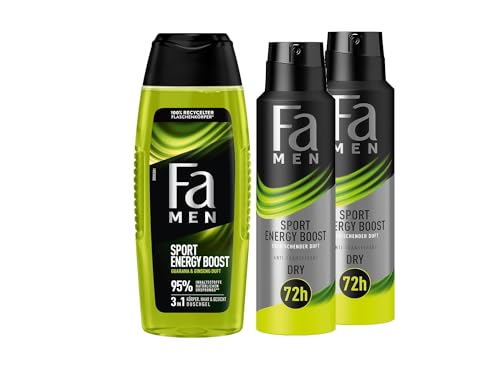 Fa Men 3in1 Körper, Haar & Gesicht Duschgel Sport Energy Boost (1x 250 ml) & Deospray (2x 150 ml) Anti-Transpirant mit dem aktivierenden Duft von Ingwer & Zitrone, 72h Stunden Schutz von Fa